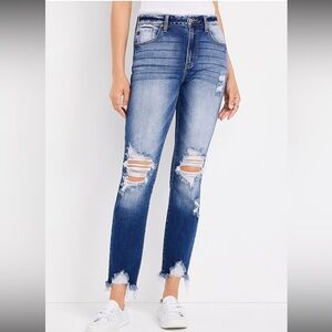 Kancan Estilo High Rise Dark Wash Skinny Distressed Denim Frayed Hem Size 5/26